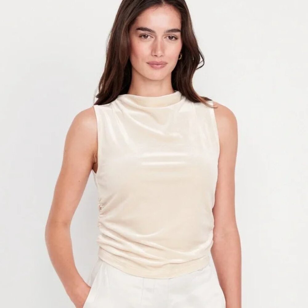 EUC Old Navy Cream Velvet Sleeveless Funnel Neck Ruched-Side Top